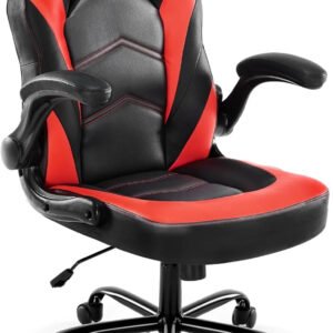 Ergonomic Computer Gaming Chair - Home Office Desk with PU Leather Lumbar Support, Height Adjustable Big and Tall Video Game with Flip-up Armrest, Swivel Wheels for Adults and Teens