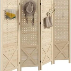 CHFBC 4 Panel Pegboard Display Room Divider 4.7' Tall Wood Indoor Portable Folding Privacy Screen Partition Wall Divider for Home Office Natural