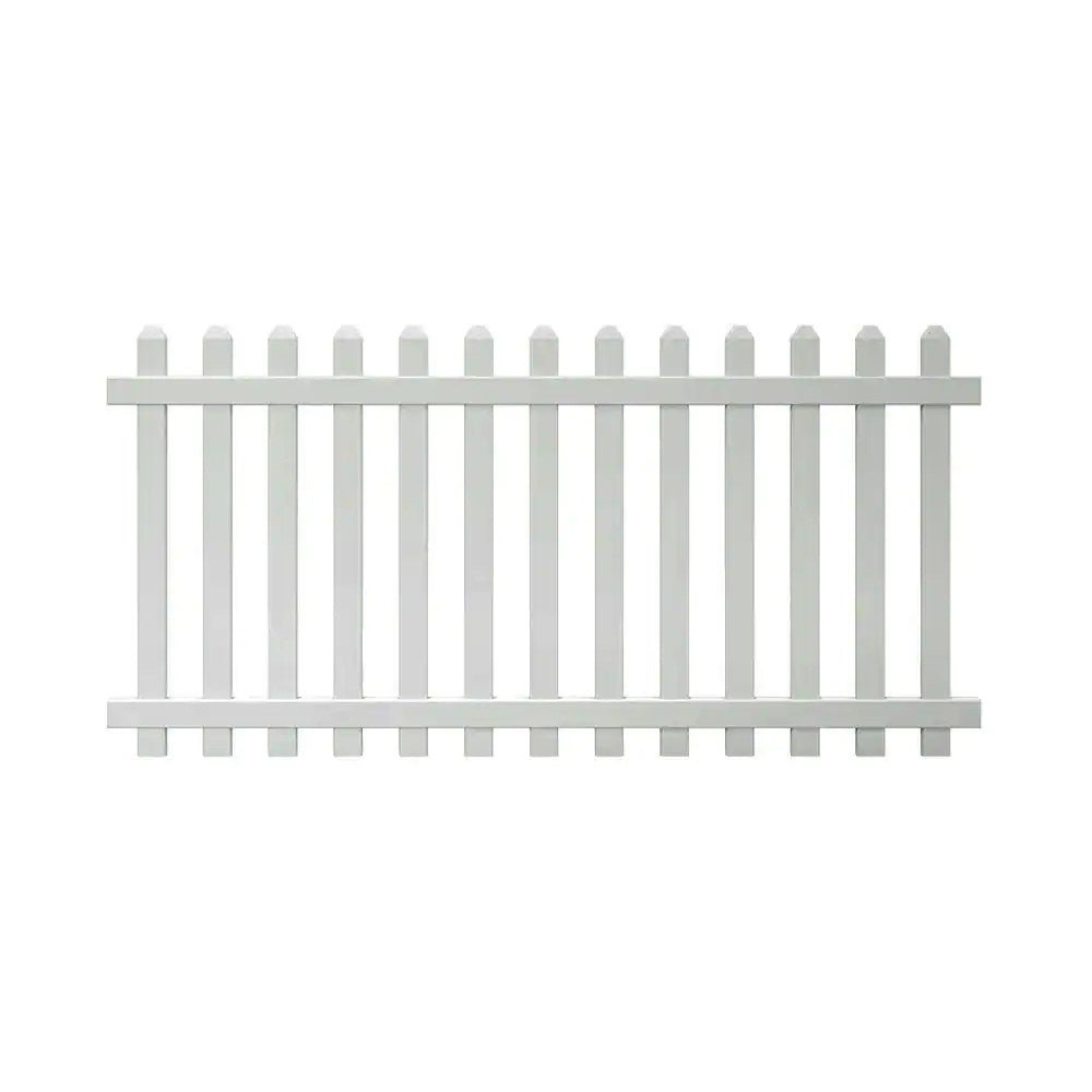 CF0E9BBE-C078-846E-3E3B-7D5A47927420 4 ft H × 8 ft W White Vinyl Spaced Picket Fence Panel – Unassembled, Dog-Ear Pickets - Image 1